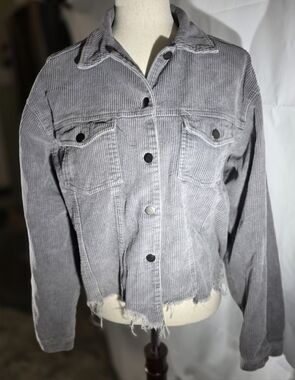 POL Clothing Distressed Raw Hem Corduroy Jacket in Charcoal Grey Medium